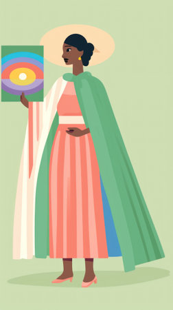 A woman with a green cape holding a painting. Generative AI image.の素材