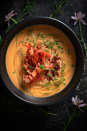 A bowl of soup with lobster and garnish. Generative AI image.の素材