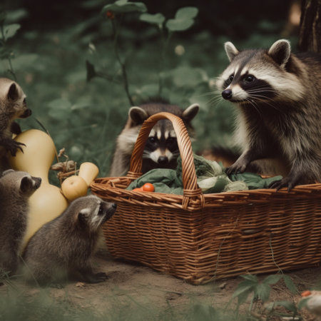 A group of raccoons standing around a wicker basket. Generative AI image.の素材