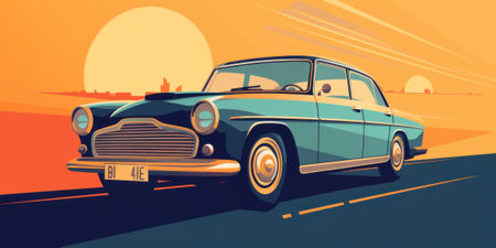 A vintage car driving down a road at sunset. Generative AI image.の素材