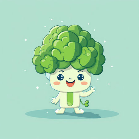 A cartoon broccoli character with a green tie. Generative AI image.の素材