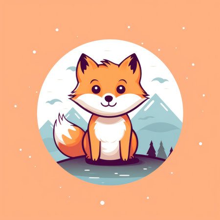 A cartoon fox sitting on top of a hill. Generative AI image.の素材