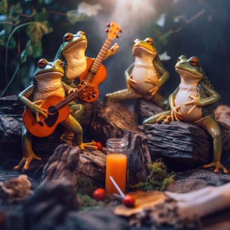 A group of frogs sitting on top of a rock next to a glass of orange juice. Generative AI image.の素材