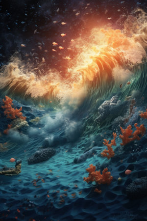 A painting of a large wave in the ocean. Generative AI image.の素材