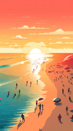 A group of people walking on a beach next to the ocean. Generative AI image.の素材