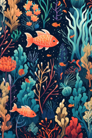 A group of fish swimming in the ocean. Generative AI image.の素材