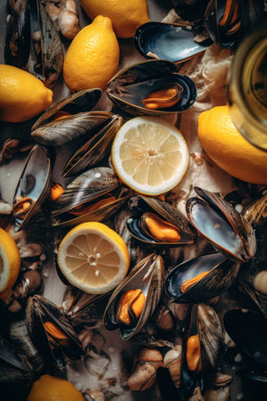 A bunch of mussels and lemons on a table. Generative AI image.の素材