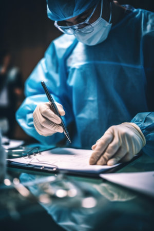 A surgeon writing on a piece of paper. Generative AI image.の素材