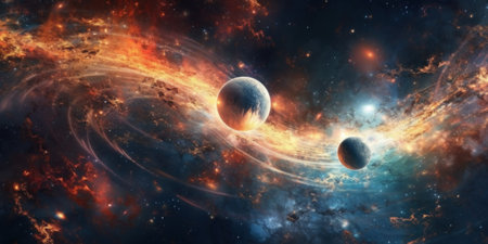 Two planets are in the middle of a galaxy. Generative AI image.の素材