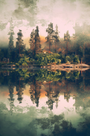 A small island in the middle of a lake. Generative AI image.の素材