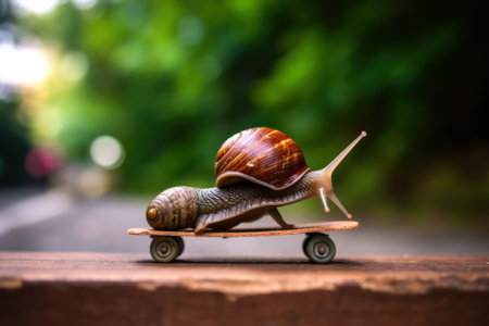 A snail is riding on a skateboard. Generative AI image.の素材