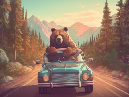 A bear sitting on top of a car driving down a road. Generative AI image.の素材