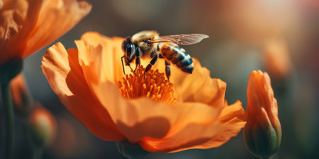 A bee that is sitting on a flower. Generative AI image.の素材