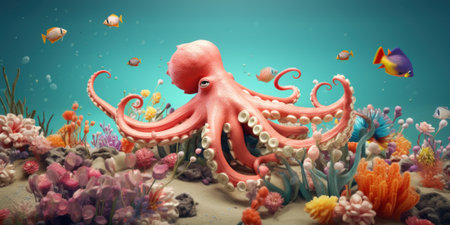 An octopus in a coral reef surrounded by fish. Generative AI image.の素材