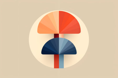 A colorful mushroom with a long shadow on a beige background. Generative AI image.の素材