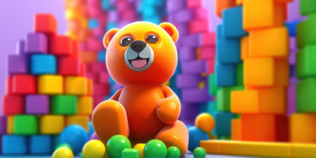 A toy bear sitting on top of a pile of colorful blocks. Generative AI image.の素材