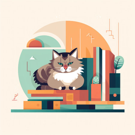 A cat is sitting on a book shelf. Generative AI image.の素材