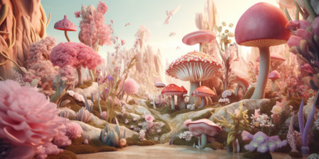 A field with lots of pink flowers and mushrooms. Generative AI image.の素材