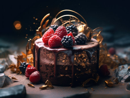 A chocolate cake with raspberries and chocolate icing. Generative AI image.の素材