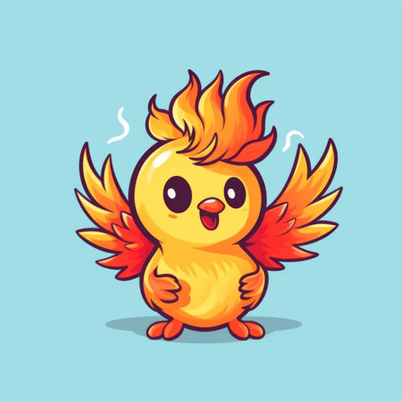 A cartoon bird with a fire on its head. Generative AI image.の素材