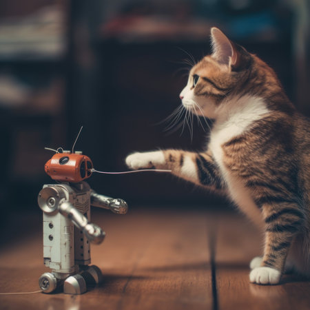 A cat playing with a toy robot on a table. Generative AI image.の素材