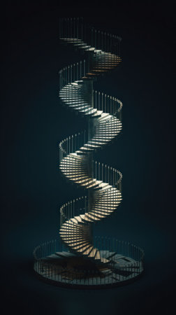 A spiral staircase in a dark room. Generative AI image.の素材