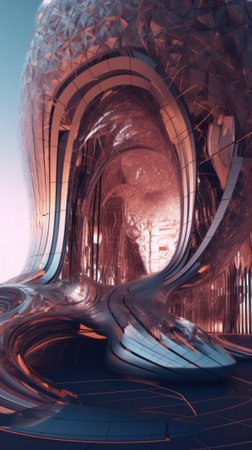 A futuristic building with a curved entrance. Generative AI image.の素材