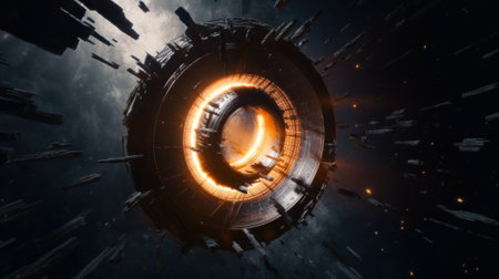 A futuristic space station in the middle of the night. Generative AI image.の素材