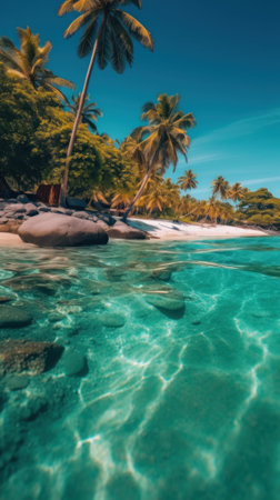 A sandy beach with palm trees and clear water. Generative AI image.の素材