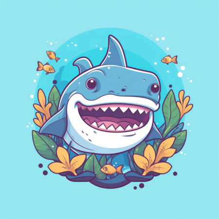 A cartoon shark surrounded by plants and fish. Generative AI image.の素材
