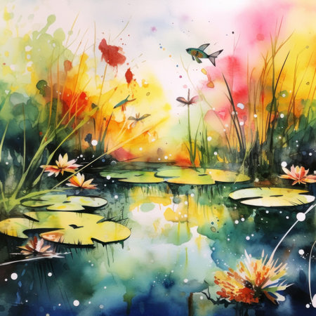 A watercolor painting of a pond with water lillies. Generative AI image.の素材