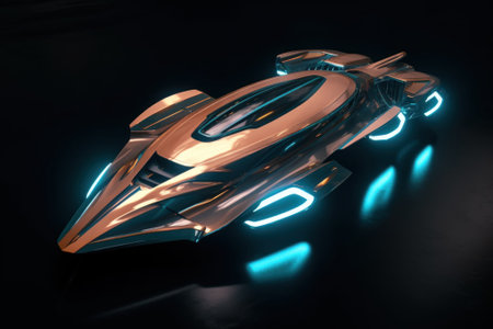 A futuristic car with glowing wheels on a black surface. Generative AI image.の素材