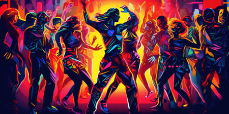A painting of a group of people dancing. Generative AI image.の素材