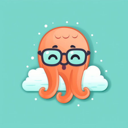 A cartoon octopus with glasses on its head. Generative AI image.の素材