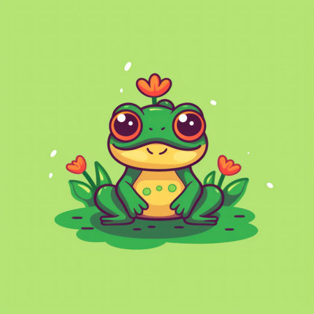 A cartoon frog sitting in the grass. Generative AI image.の素材