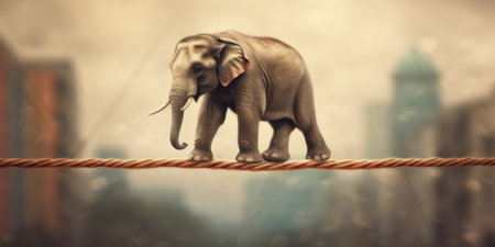 An elephant standing on a rope with buildings in the background. Generative AI image.の素材
