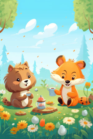 A couple of animals sitting on top of a lush green field. Generative AI image.の素材
