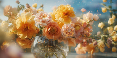 A vase filled with yellow and pink flowers. Generative AI image.の素材