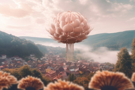 A large pink flower in the middle of a town. Generative AI image.の素材