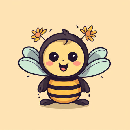 A cartoon bee with a flower on its head. Generative AI image.の素材