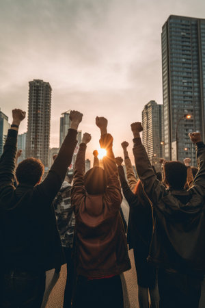 A group of people raising their hands in the air. Generative AI image.の素材