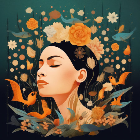 A woman with flowers and birds in her hair. Generative AI image.の素材