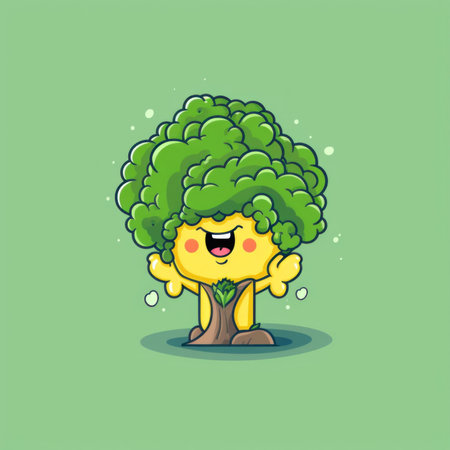 A cartoon broccoli with a happy face. Generative AI image.の素材