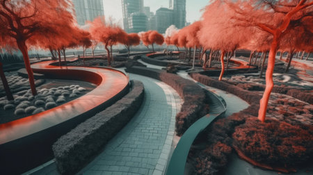 A pathway in a park with trees in the background. Generative AI image.の素材