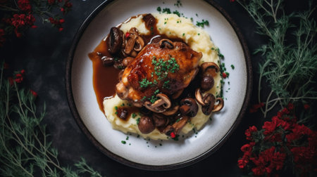 A white plate topped with mashed potatoes and mushrooms. Generative AI image.の素材