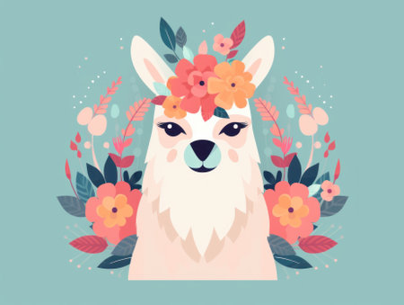 A llama with a flower crown on its head. Generative AI image.の素材
