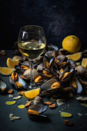 A glass of wine sitting on top of a table filled with clams. Generative AI image.の素材