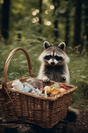 A raccoon standing next to a basket of food. Generative AI image.の素材
