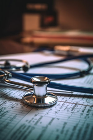 A stethoscope sitting on top of a piece of paper. Generative AI image.の素材