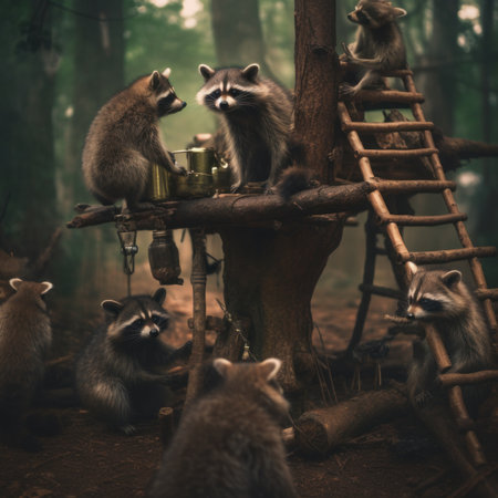 A group of raccons sitting around a tree in a forest. Generative AI image.の素材